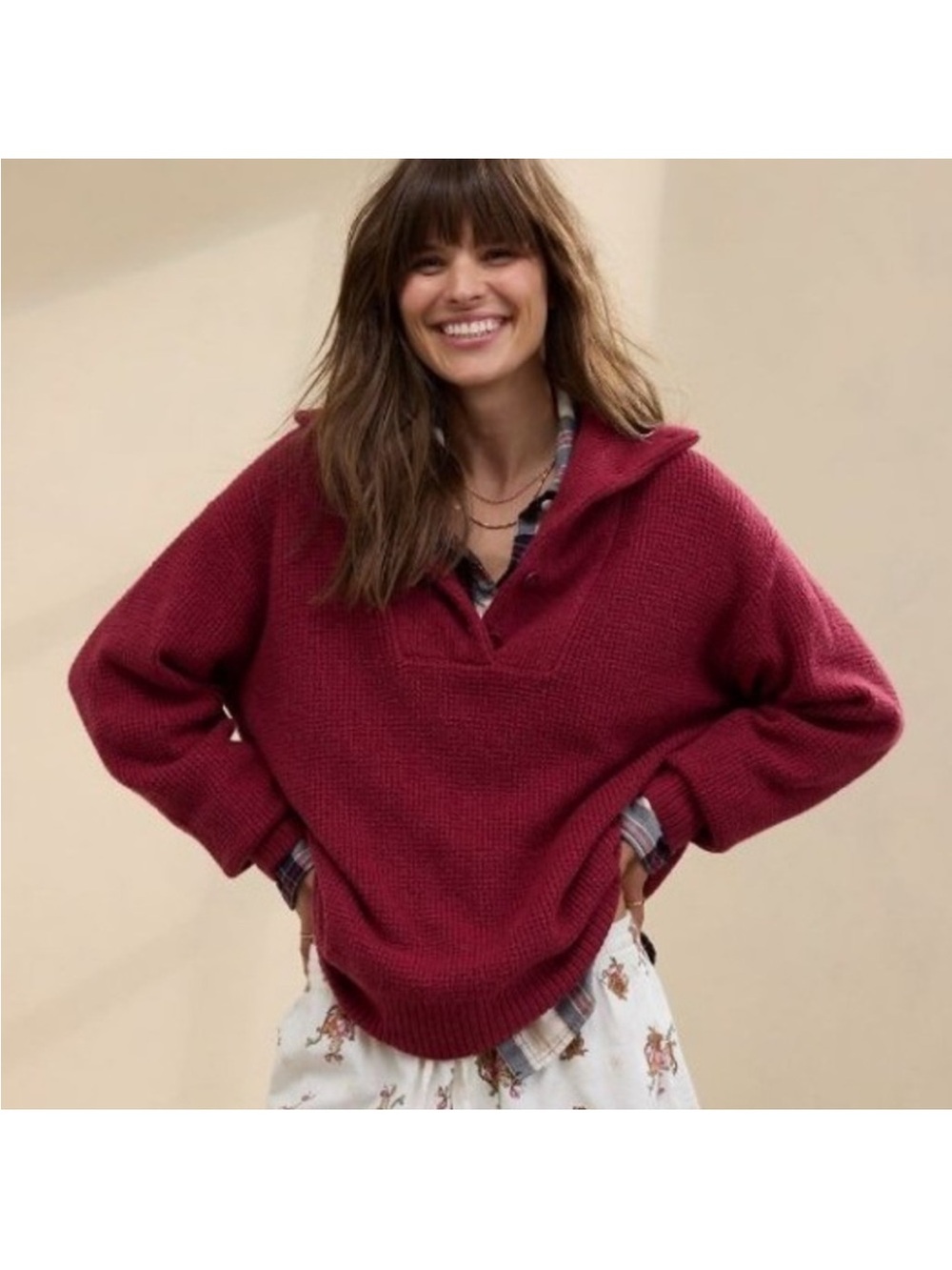 aerie CozyUp Waffle Button Sweater Burgundy Size Large